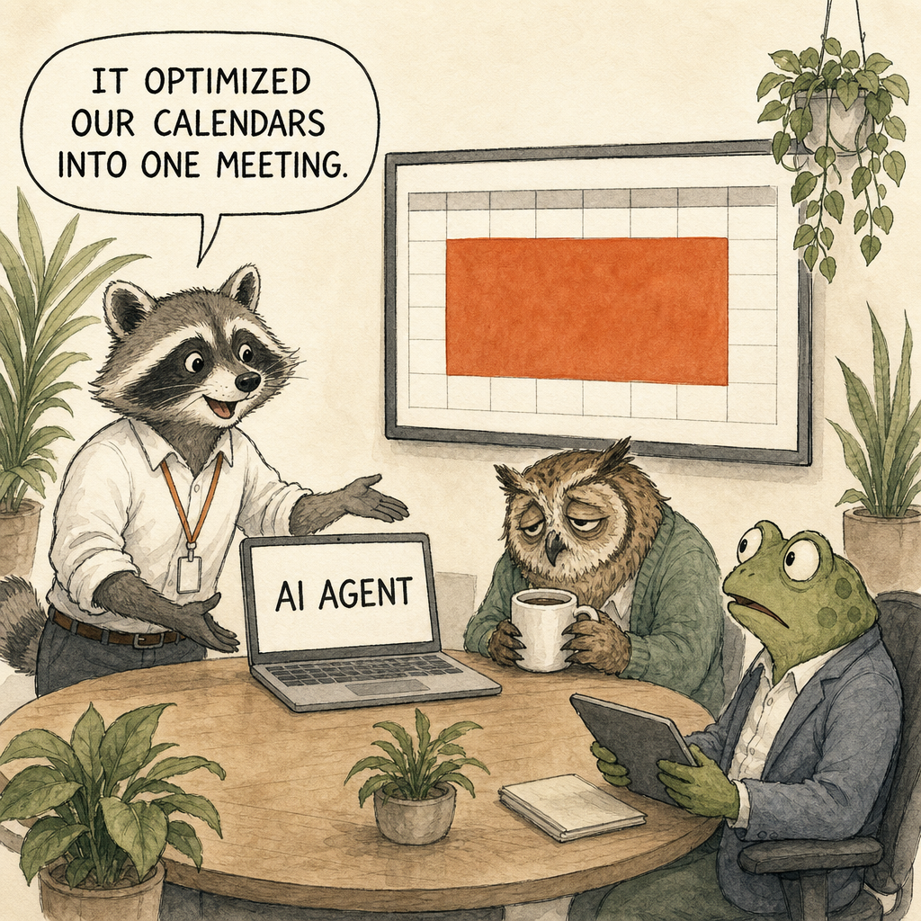 In a conference room, a raccoon product manager presents a laptop labeled “AI Agent” while an owl engineer and frog designer look at a wall calendar that is entirely blocked off. The raccoon says, “It optimized our calendars into one meeting.”